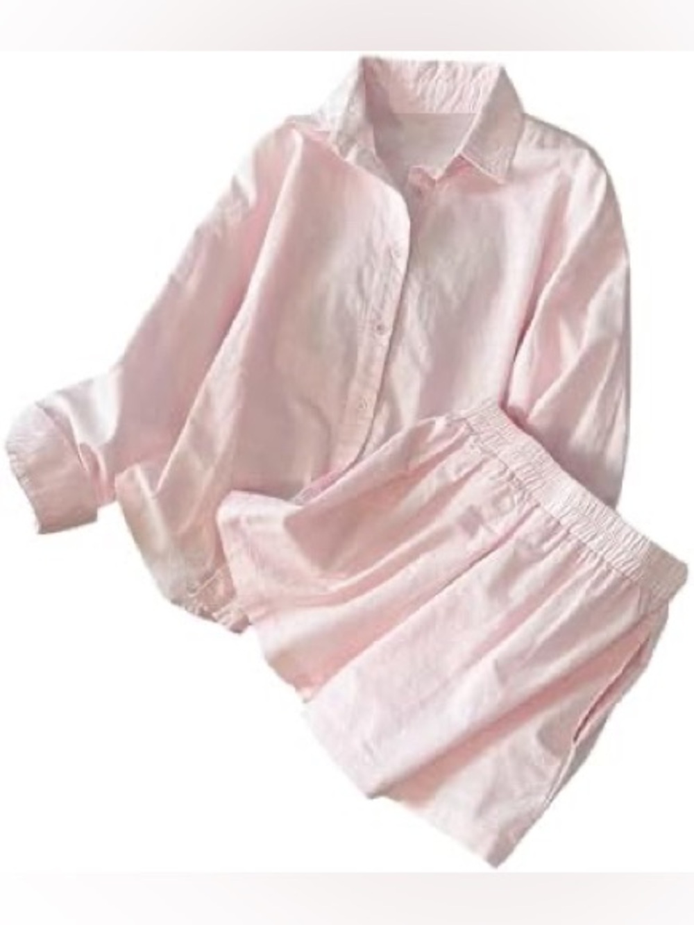 Two piece set matching collared top High-Waist Elastic Shorts in Soft Pink